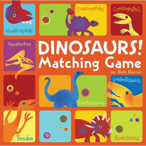 Cover of a children's matching game book with colorful dinosaur illustrations and text.