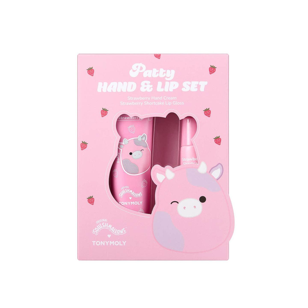 the hand and lip set in the packaging squishmallow theme with patty the cow charachter 