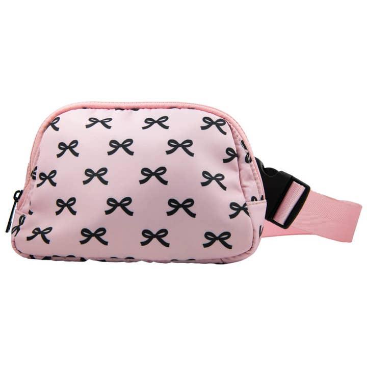 light pink belt bag with tiny coquette black bows print all over the front. 