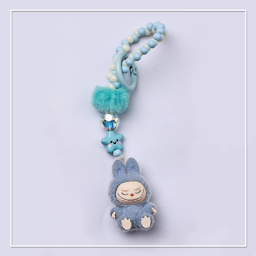 labubu Plush on a keychain with blue beaded chain