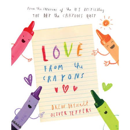 Book cover of 'Love from the Crayons' with colorful crayon characters and a piece of paper.