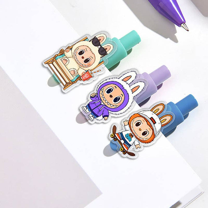 Three cartoon character on the edge of a pen