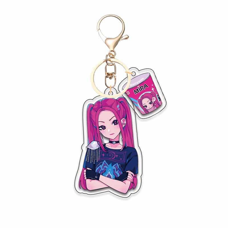 Keychain with cartoon character and 'Mira' tag on a white background