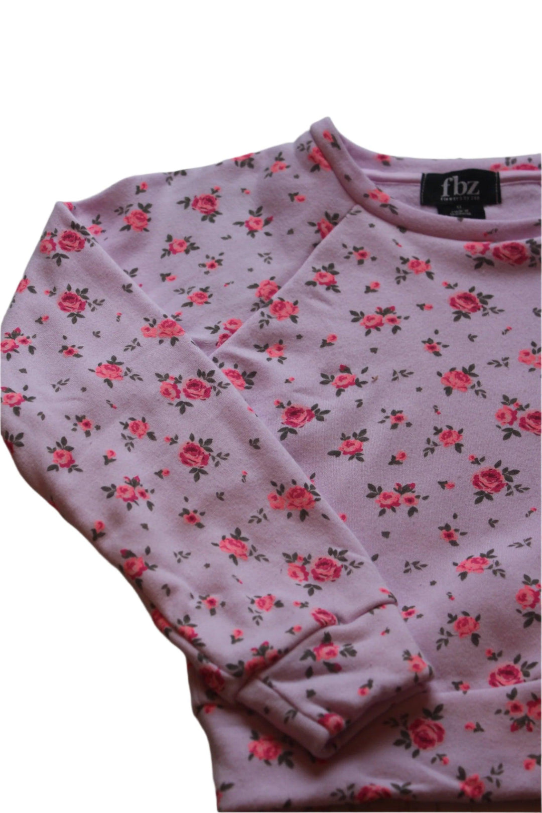 pink sweatshirt with tiny hot pink roses all over. long sleeves