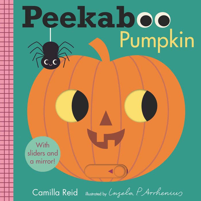 Book cover of 'Peekaboo Pumpkin' with a pumpkin face, spider, and mirror on a teal and pink background.