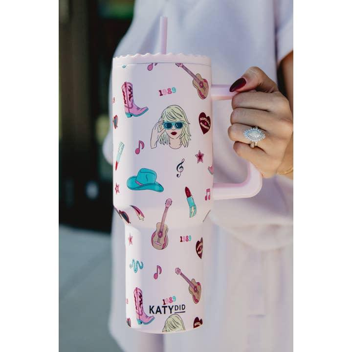 Taylor Swift tumbler with handle and Taylor Swift print with hearts, Taylor, guitar and cowboy hat