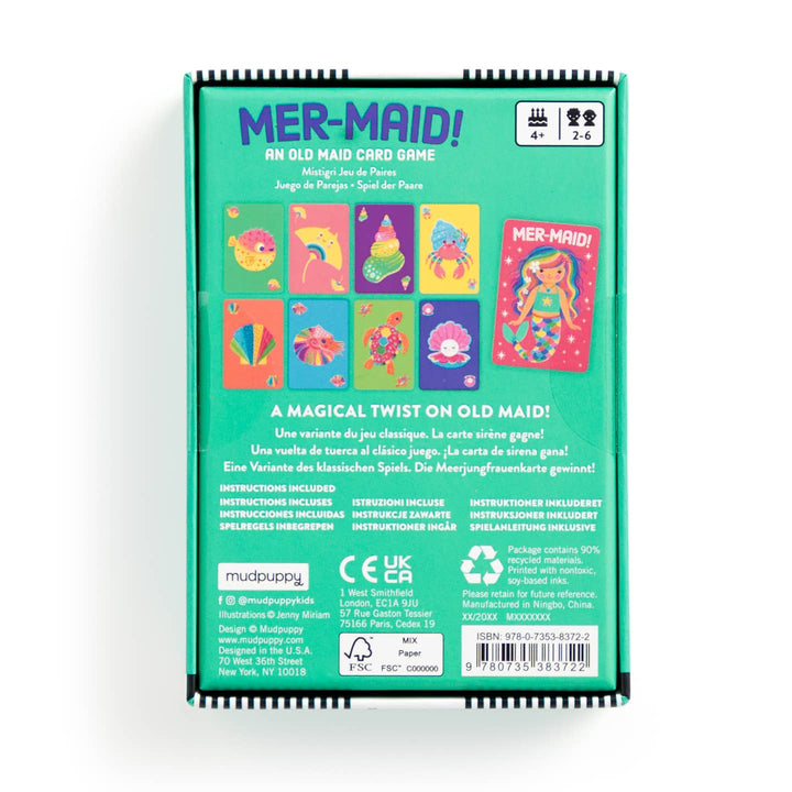 Mermaid-themed card game packaging with colorful illustrations on a green background
