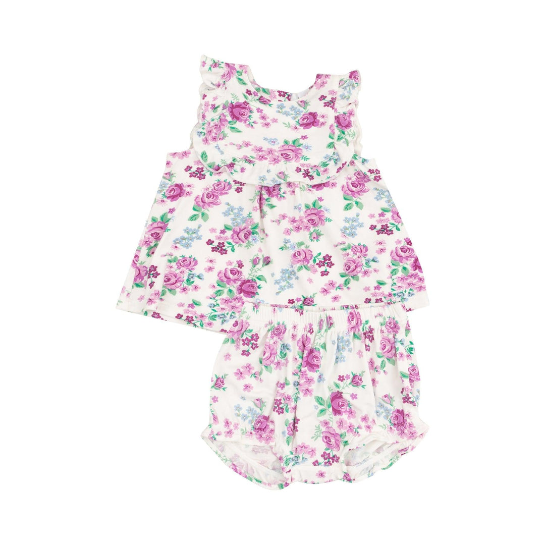 2 piece baby girl set with a ruffled bib attached to the top and a mathcing bloomer. purple cabbage rose print. 