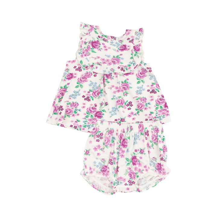 2 piece baby girl set with a ruffled bib attached to the top and a mathcing bloomer. purple cabbage rose print. 