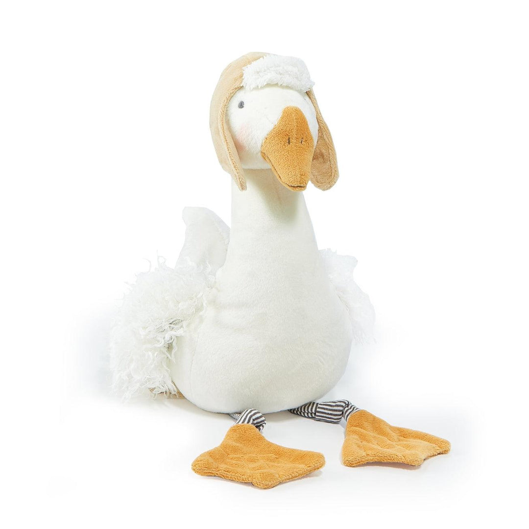 plush goose wearing an aviator hat. fluffy wings and black and white striped legs. 