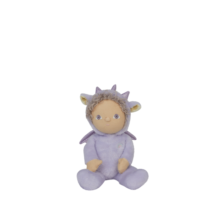 Plush toy dragon in a purple outfit on a white background