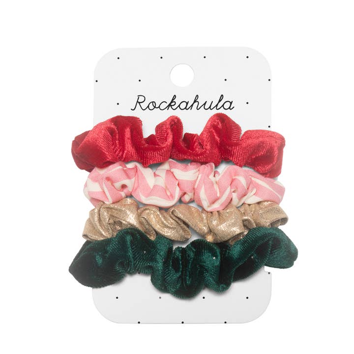 pack of 4 scrunchies for holiday: green and red velvet, gold and pink and white stripe. 