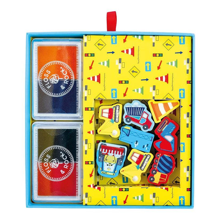 inside the case with stamps and ink pads with 8 different stamps. 