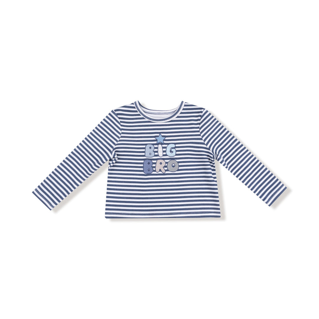 Blue and white striped long-sleeve shirt with 'BIG BRO' text on a white background