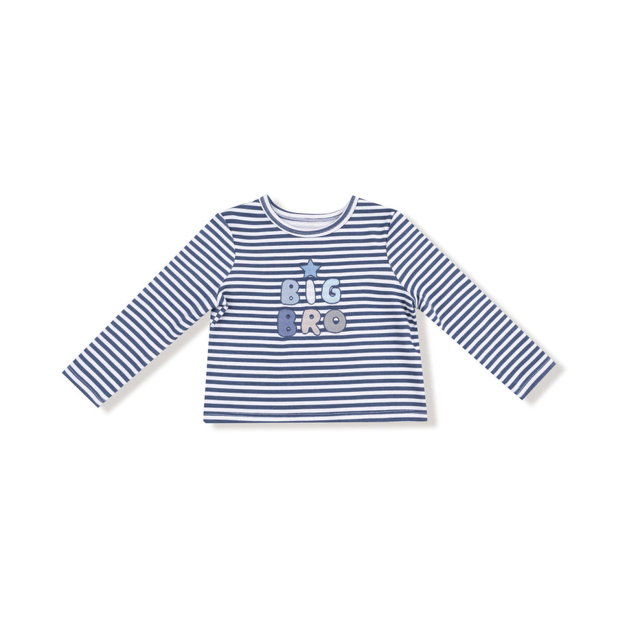 Blue and white striped long-sleeve shirt with 'BIG BRO' text on a white background