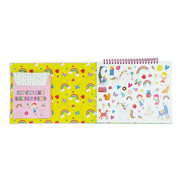color switch magic book with stickers and color change markers with rainbows, unicorns and fairies 