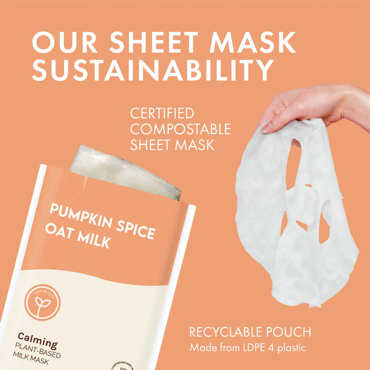Sheet mask with compostable packaging and sustainability information on an orange background