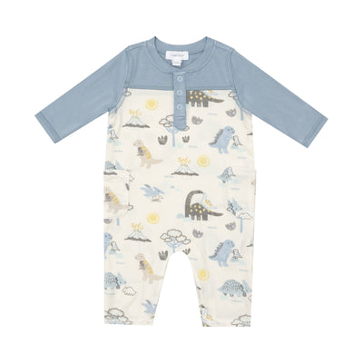 baby boy romper with 3 buttons on the top- henley style. with blue, gray and yellow animated dinosaur designs all over it. 