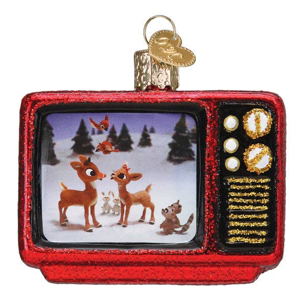 Vintage television ornament with Christmas scene featuring Rudolph and friends.