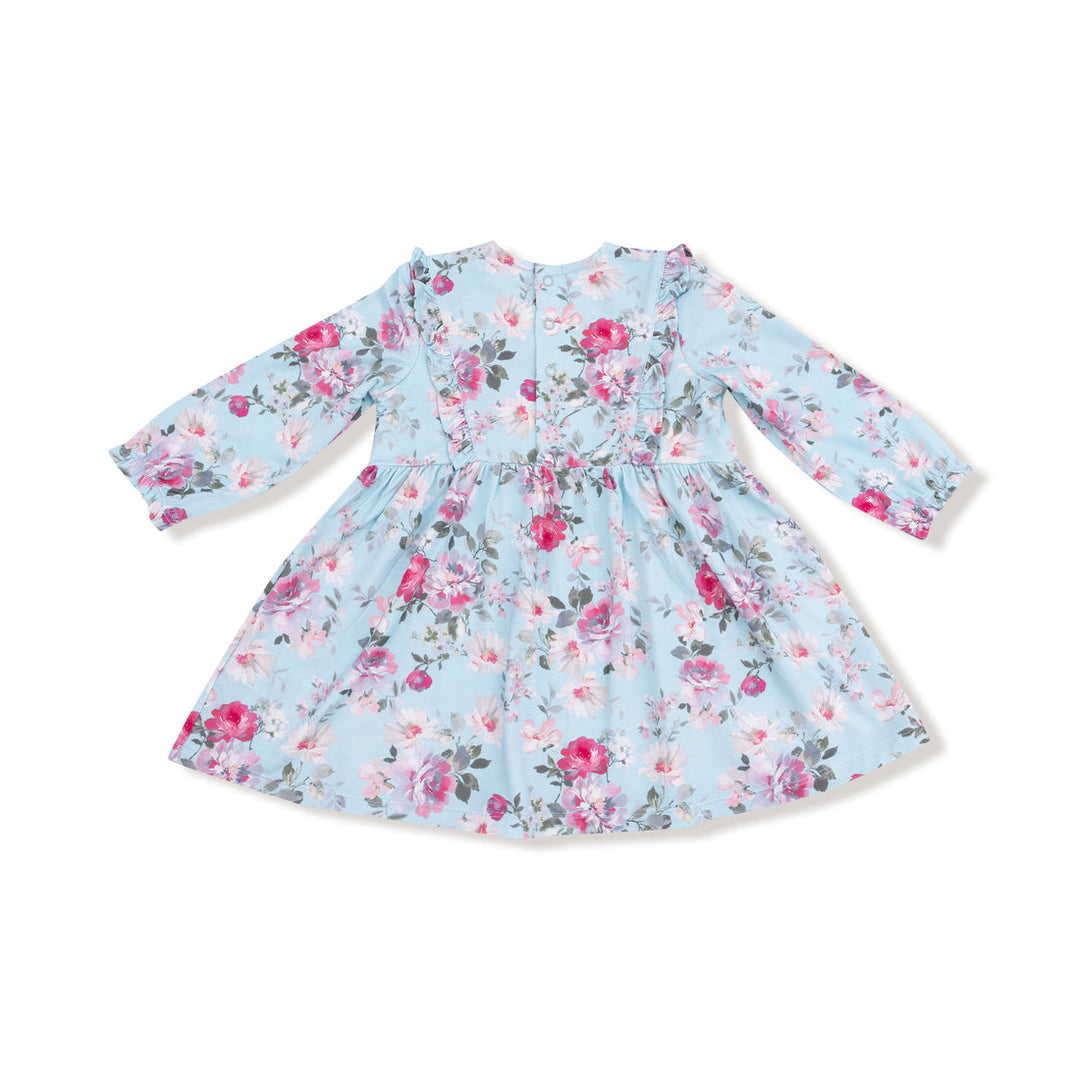 back of Floral dress with long sleeves on a white background