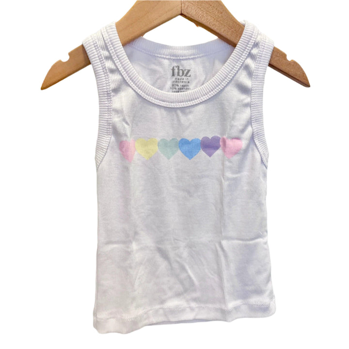 ribbed white tank top with pastel hearts in a horizontal line going across the chest