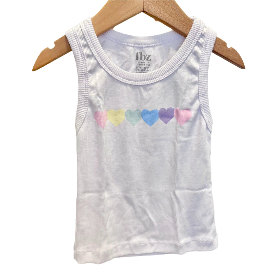 ribbed white tank top with pastel hearts in a horizontal line going across the chest