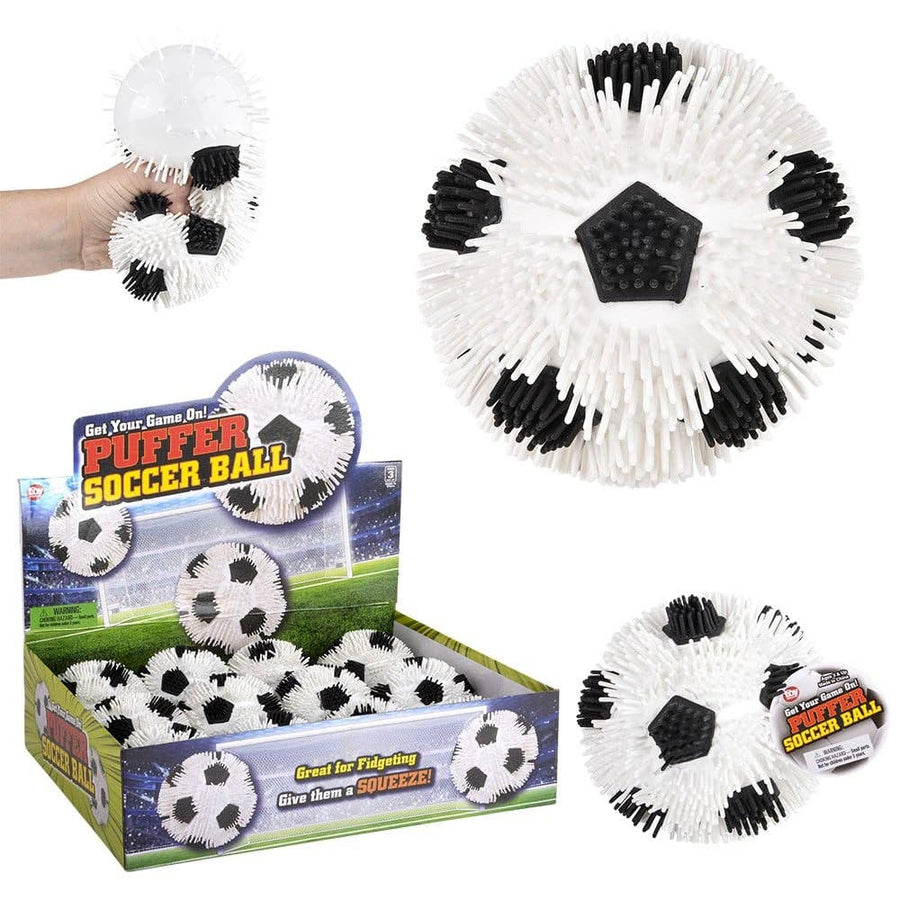 Puffer soccer ball with packaging and close-up on a white background