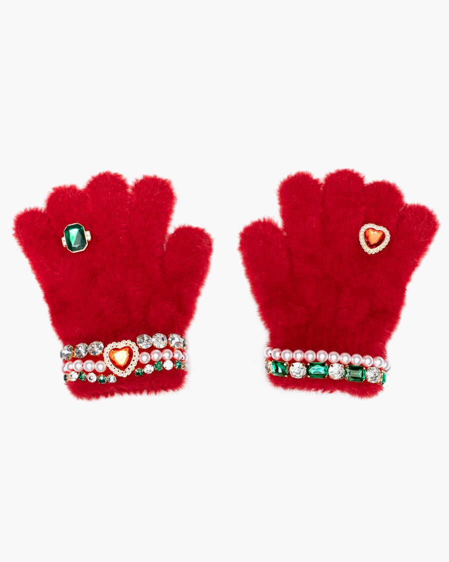 Red gloves with decorative heart and gem designs on a white background