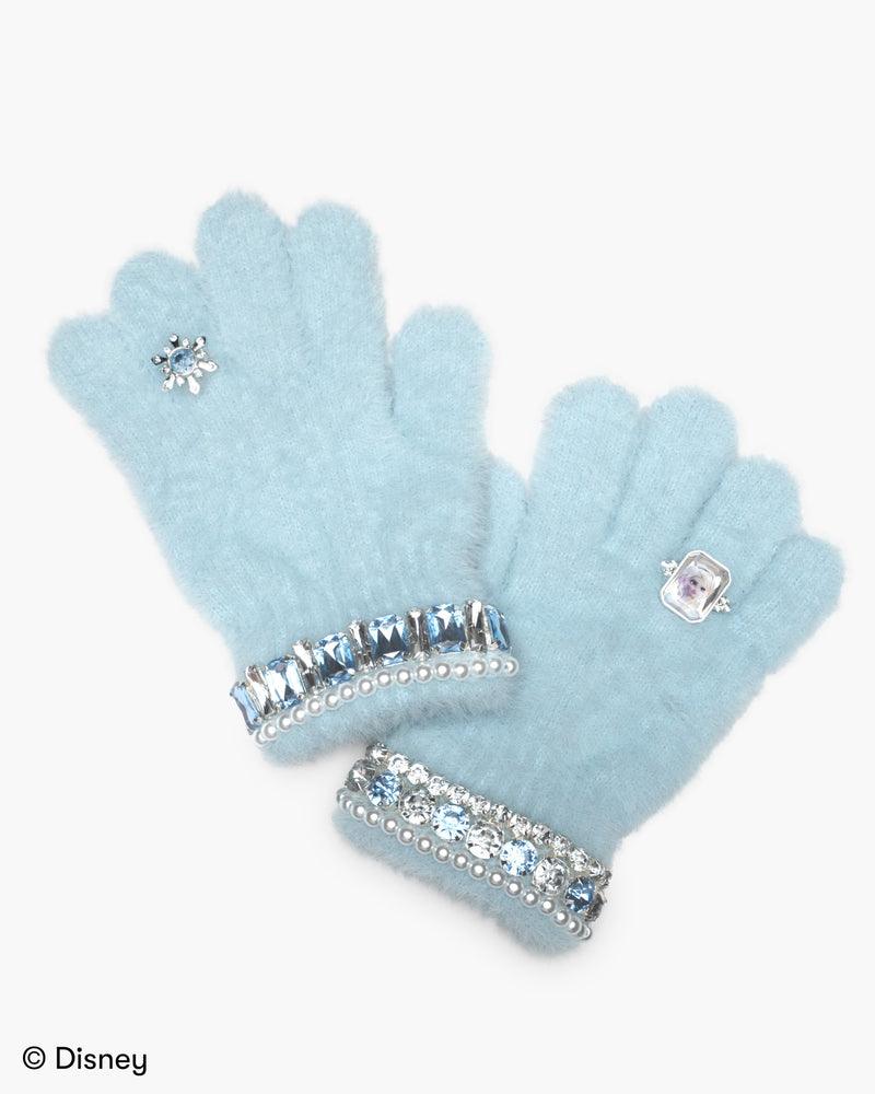 fluffy light blue gloves with rhinestone jewels in silver and blue attached to the gloves. each glove has a ring attached one of the rings is a snowflake and the other is Elsa