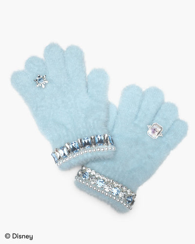 fluffy light blue gloves with rhinestone jewels in silver and blue attached to the gloves. each glove has a ring attached one of the rings is a snowflake and the other is Elsa