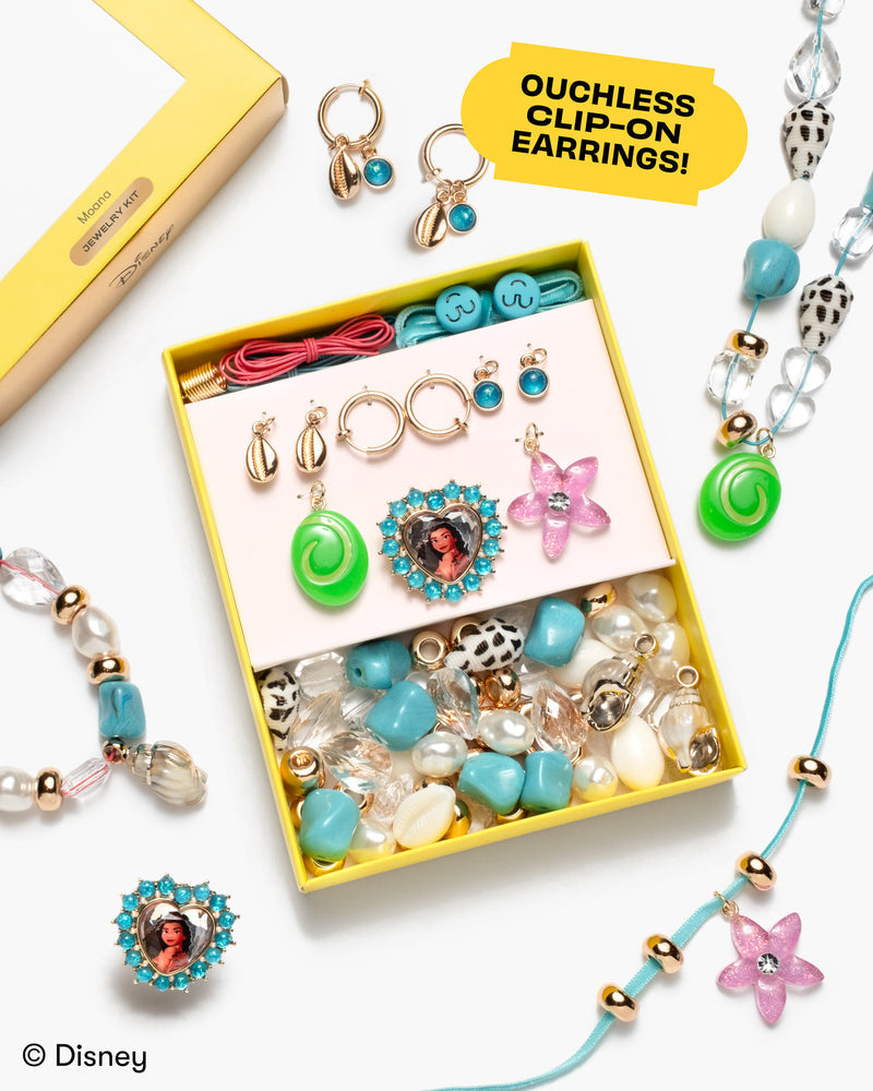 jewelry making kit themed after Moana, complete with pearl beads ocean looking beads and a rhinestone ring with Moana on it. 