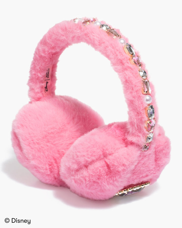 Pink earmuffs with decorative elements on a white background, featuring Disney branding.