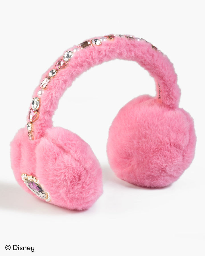 Pink furry earmuffs with rhinestone accents on a white background, featuring Disney branding.