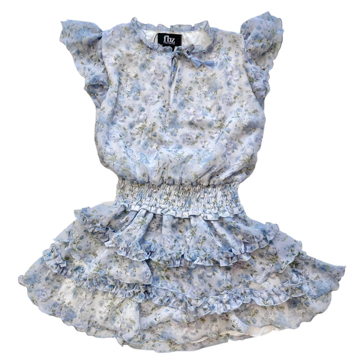 small liberty floral chiffon dress with elastic waist and the tie at the neck. cap sleeves in chiffon with ruffles at the shoulder
