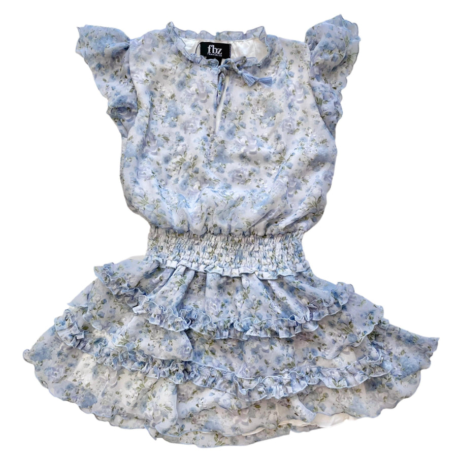 small liberty floral chiffon dress with elastic waist and the tie at the neck. cap sleeves in chiffon with ruffles at the shoulder
