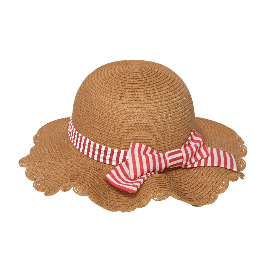 straw hat scalloped edge with ivory and red striped ribbon with bow in the front. 