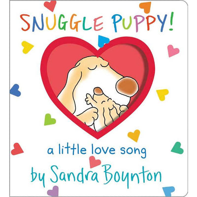 childrens board book, title of Snuggle puppy. two puppies on the cover hugging