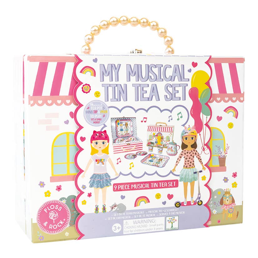 Box of 'My Musical Tin Tea Set' with colorful illustrations and text.
