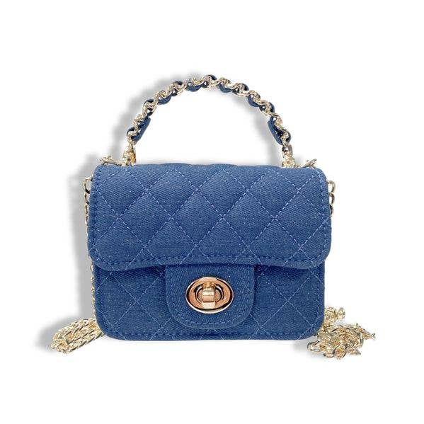 Denim Blue quilted handbag with gold chain strap on a white background