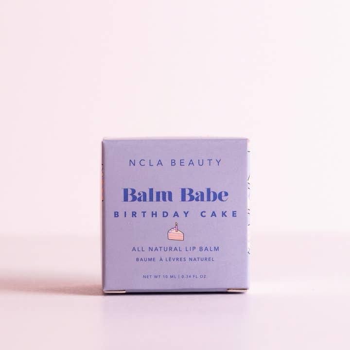 Packaging for NCLA Beauty its called 'Balm Babe' in the scent of Birthday Cake 