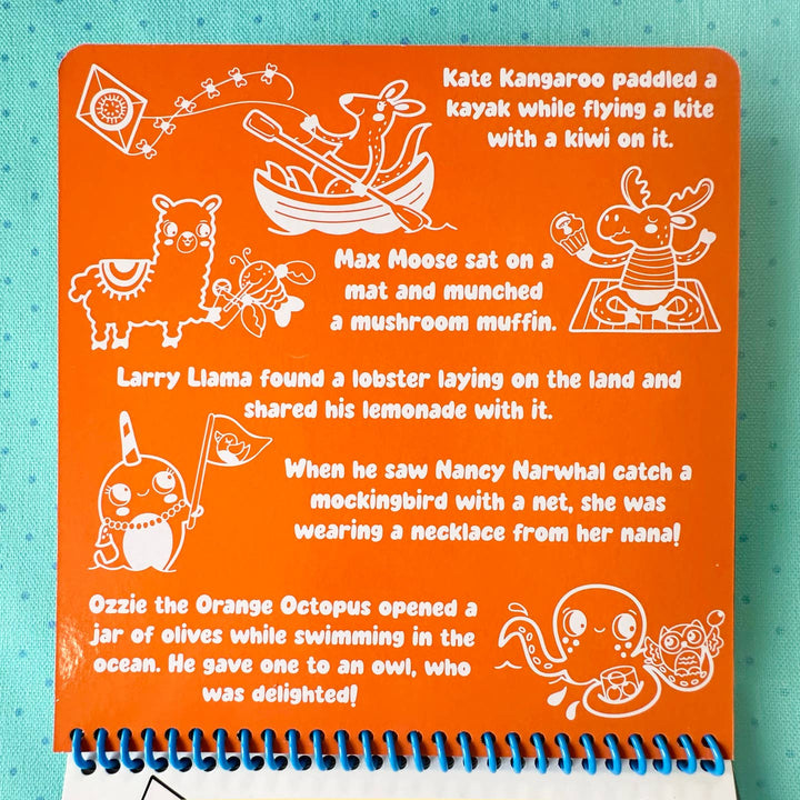Children's book with illustrations and text on an orange background