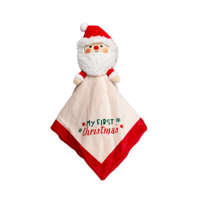 snuggle toy for babies. santa attached to small blanket that says 
"My First Christmas"