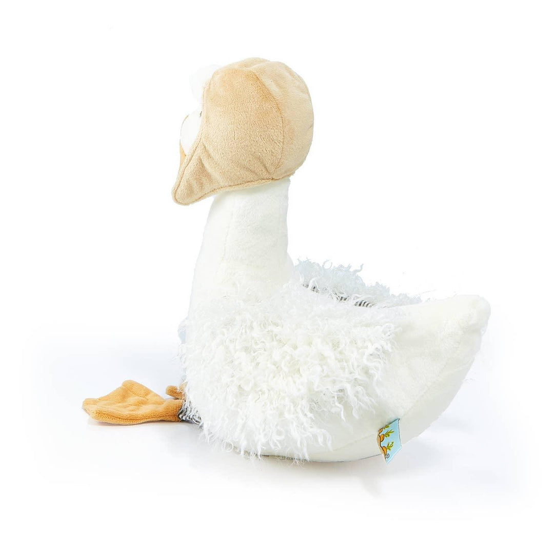 back of plush goose wearing the aviator hat. 