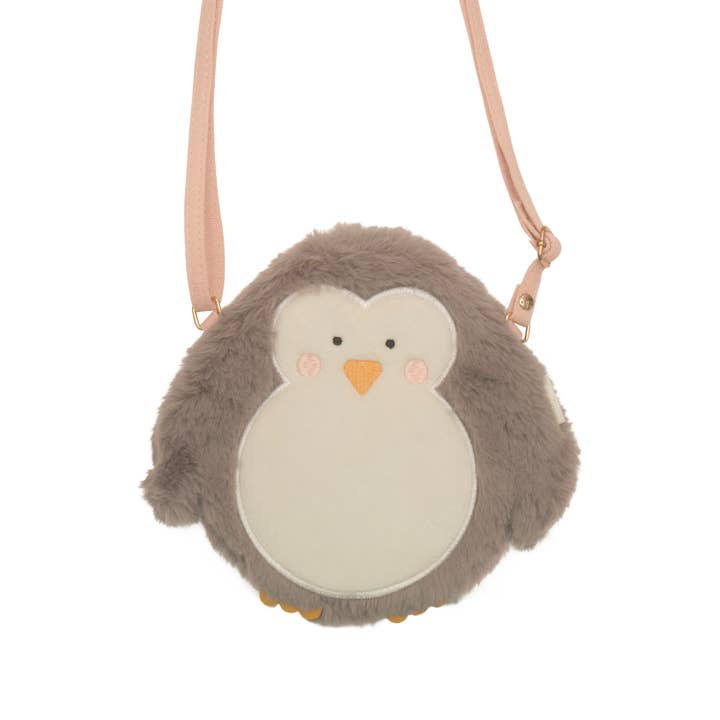 gray penguin handbag with shoulder adjustable shoulder strap. 