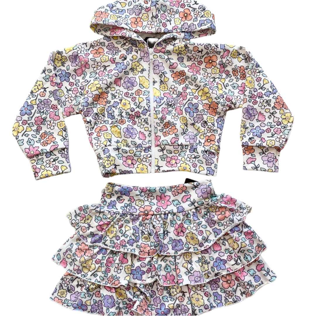 pastel multi flower hoodie and skirt set. skirt has multiple ruffles 