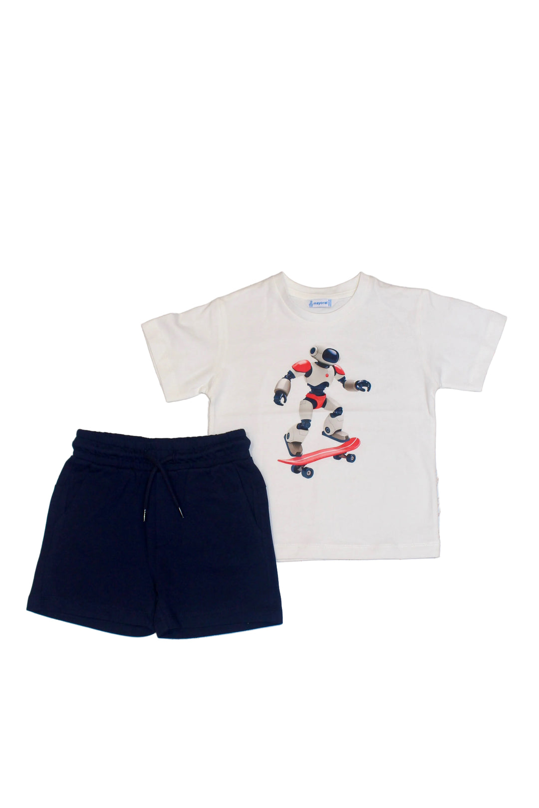 Children's t-shirt with graphic design and navy shorts on a white background