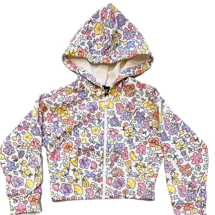 Pastel Multi Colored floral hoodie with exposed white zipper. 