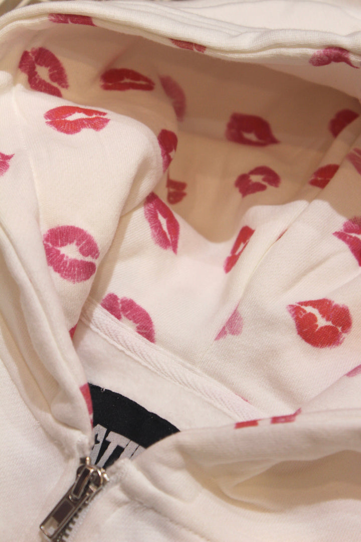 Tween Sweater | Cody Zip Hoodie - White with Lips | Katie J NYC