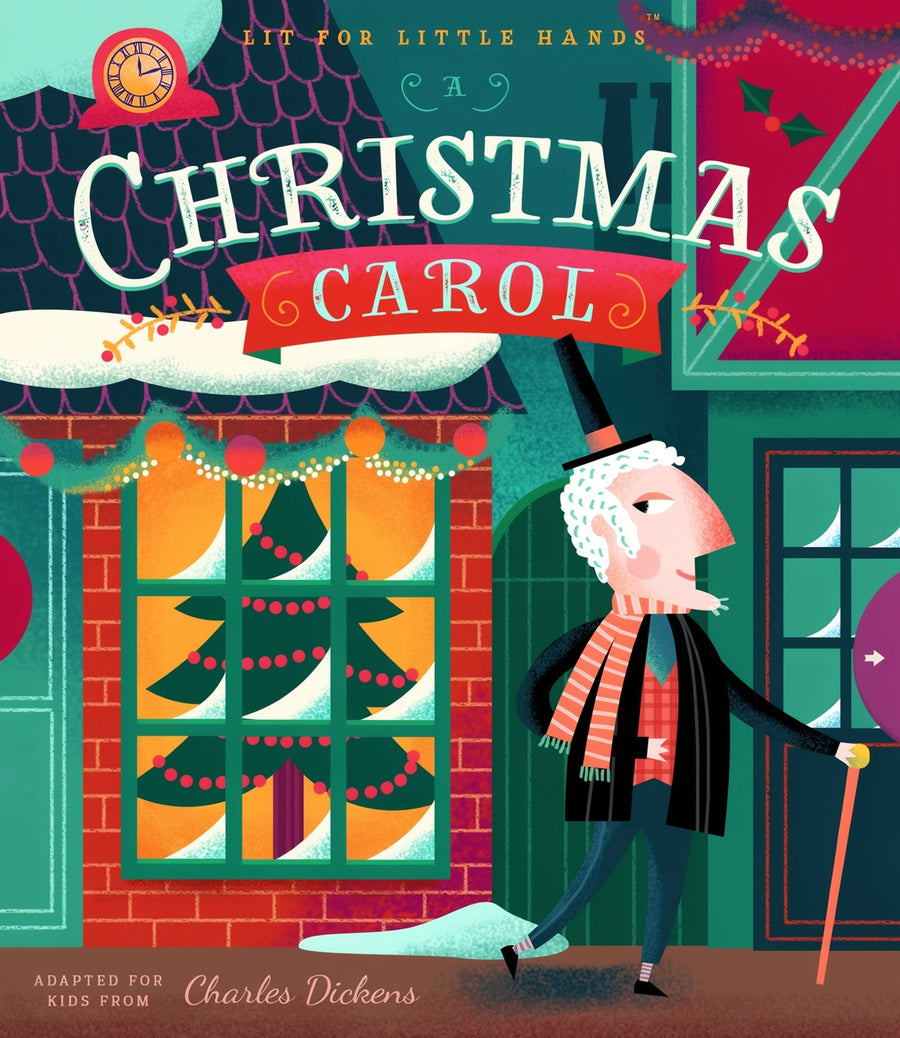 Illustrated book cover of 'A Christmas Carol' adapted for kids with colorful festive design.