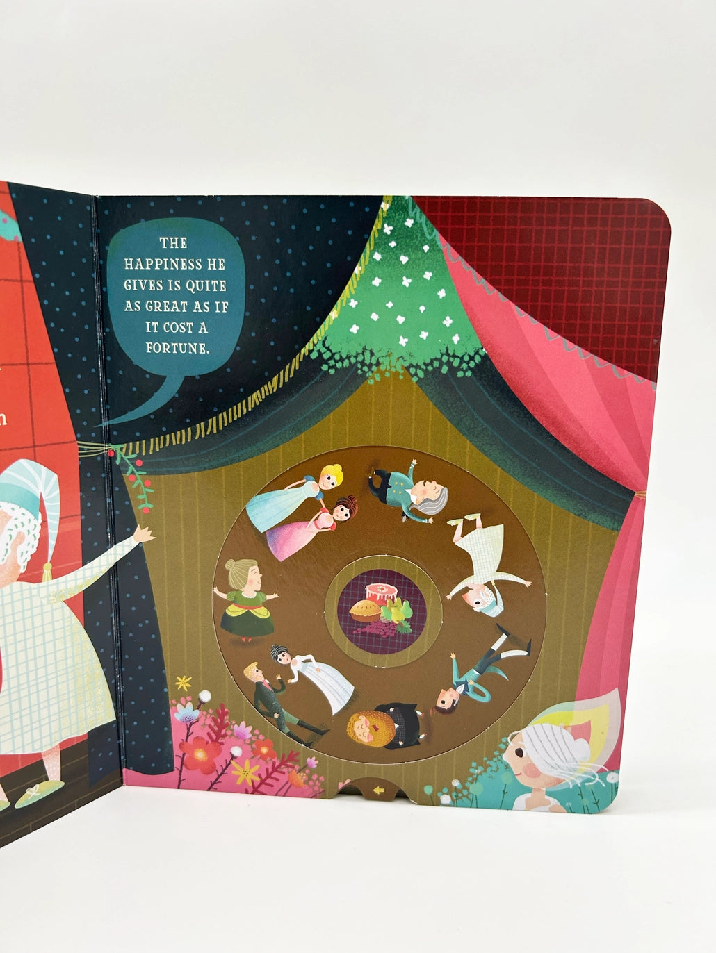 Illustrated book page with a theater scene and characters on a white background